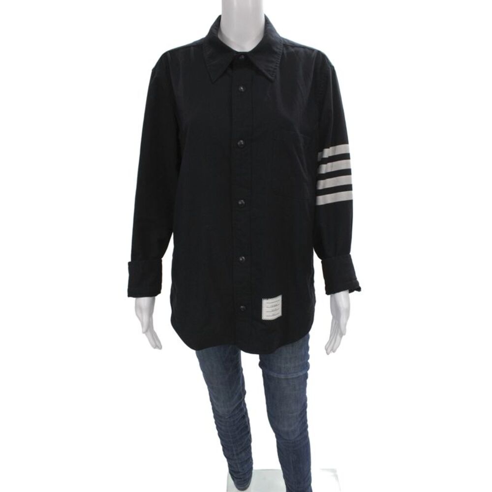 Thom Browne Mens Striped Cotton Collared Button-Up Black Long Sleeve Size 1